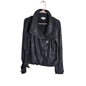 Bohme Black Faux Leather Moto Jacket w/ Sleeve Zippers Womens Sz M Chic Classic